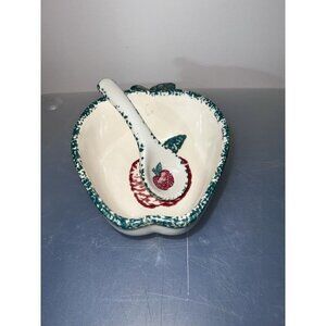Ceramic Apple Bowl w/Spoon Condiment Serving Dish Spongeware Green & Red